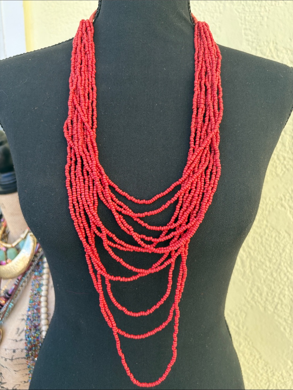 Red Multi-Strand Seed Beaded Necklace